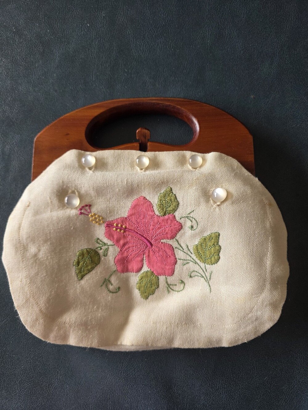 Smith's Hand-Embroidered Cream Linen Tote with Pink Hibiscus and Wooden Handles